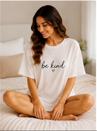 Women’s White “Be Kind” Printed Oversized Sleep T-Shirt Nightwear